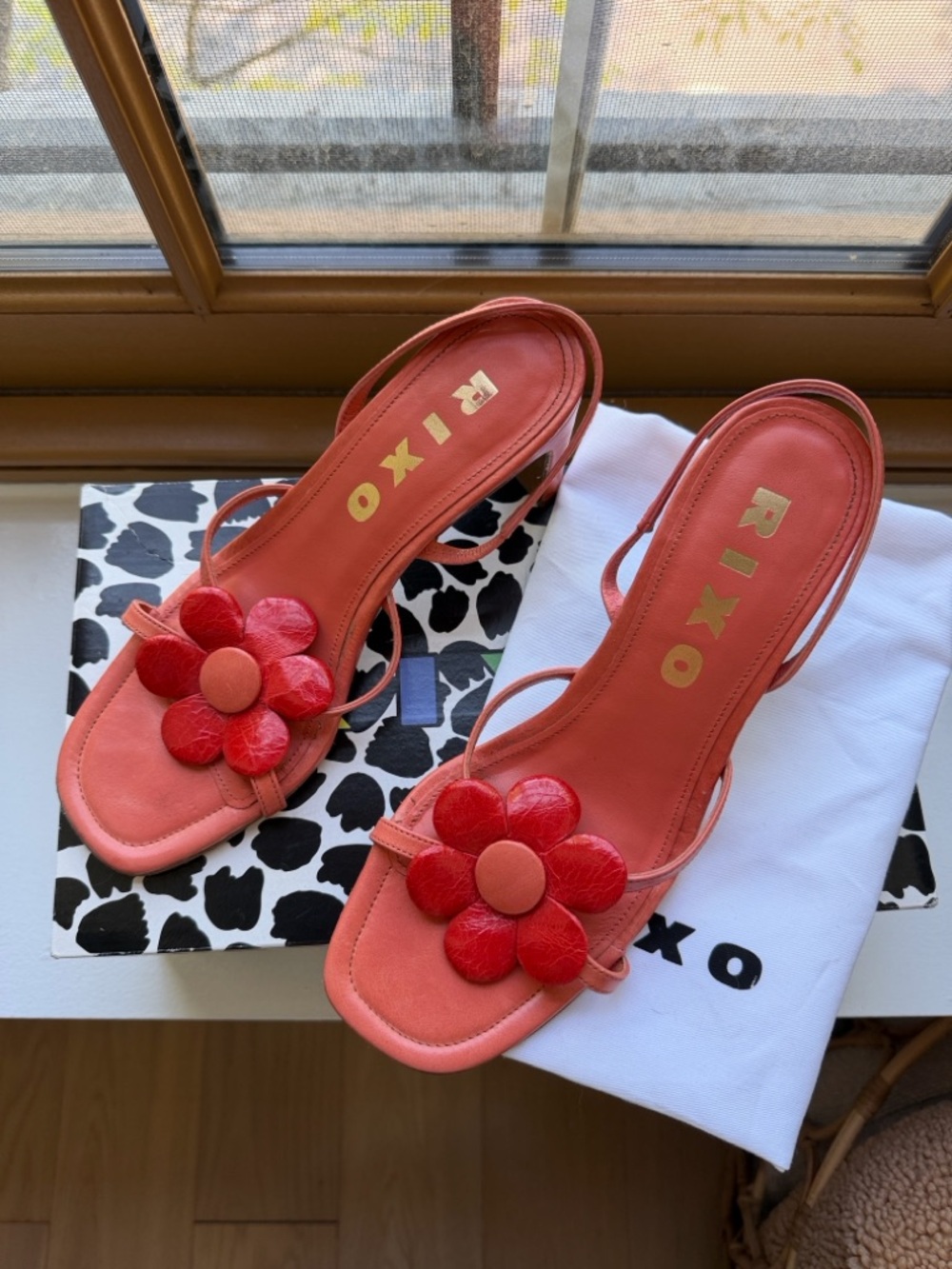 RIXO Coral Pink Floral Leather Slide Heels